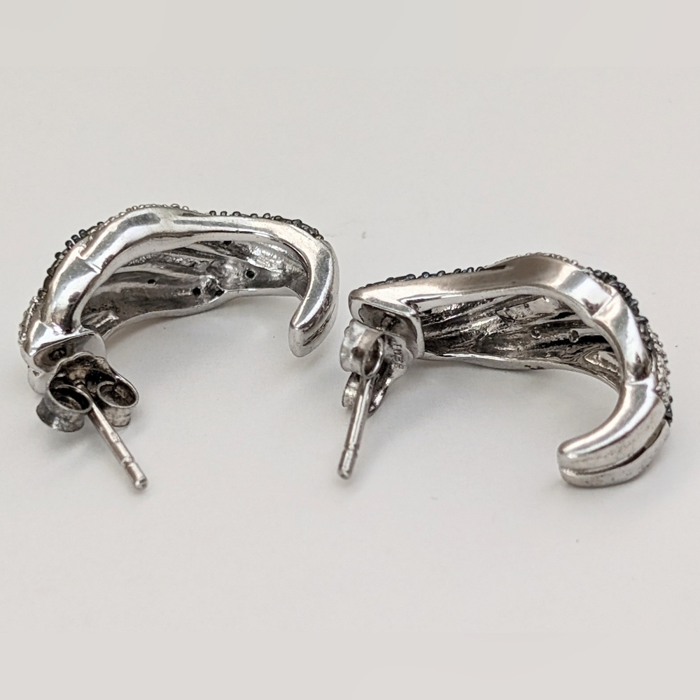 Sterling Silver Oxidized Rhodium Diamond Chip 0.8" J Hoop Earrings JWBR 925 - Picture 4 of 7